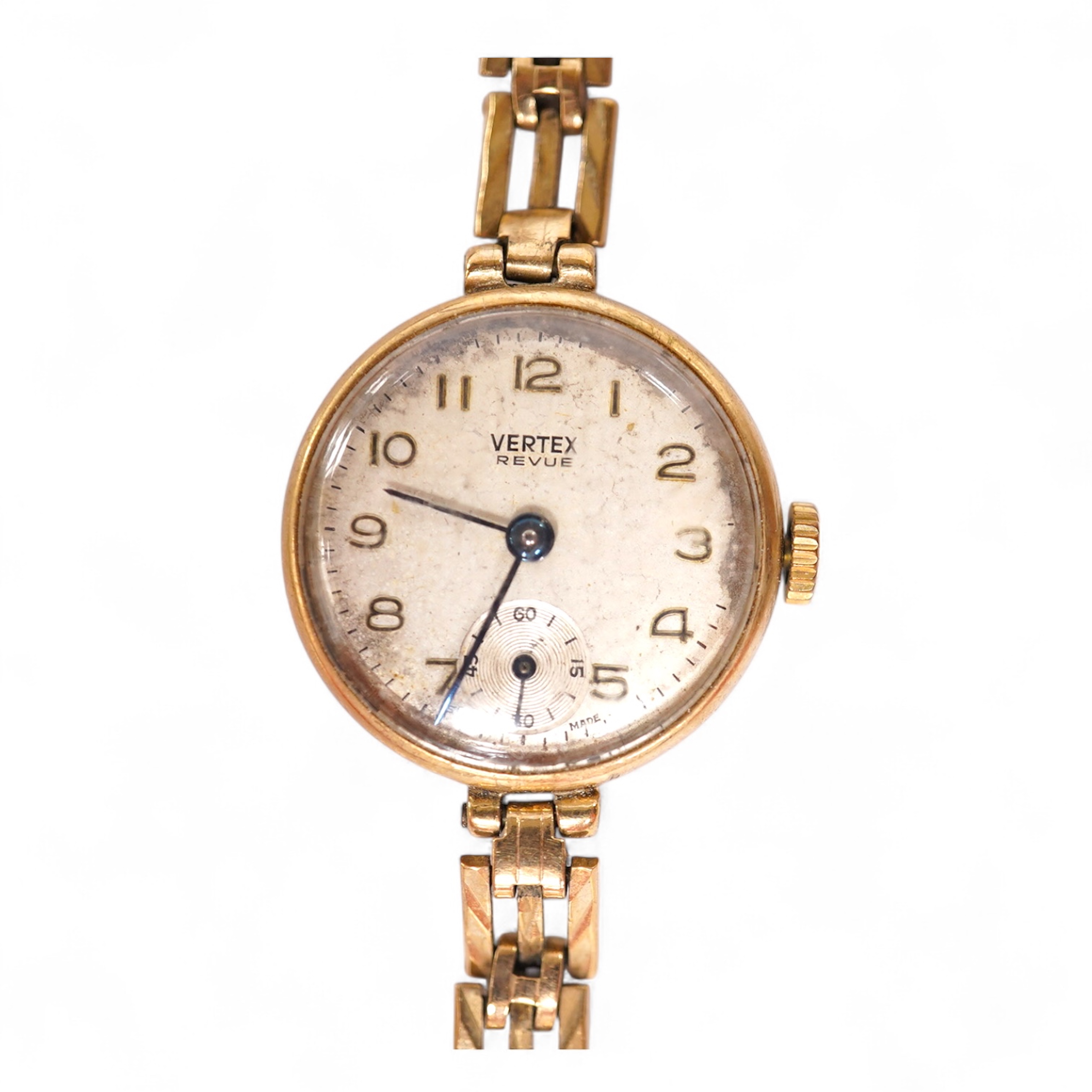 A lady's 9ct gold Vertex manual wind wrist watch, with Arabic dial and subsidiary seconds, on a 9ct gold associated bracelet, gross weight 15 grams. Condition - poor